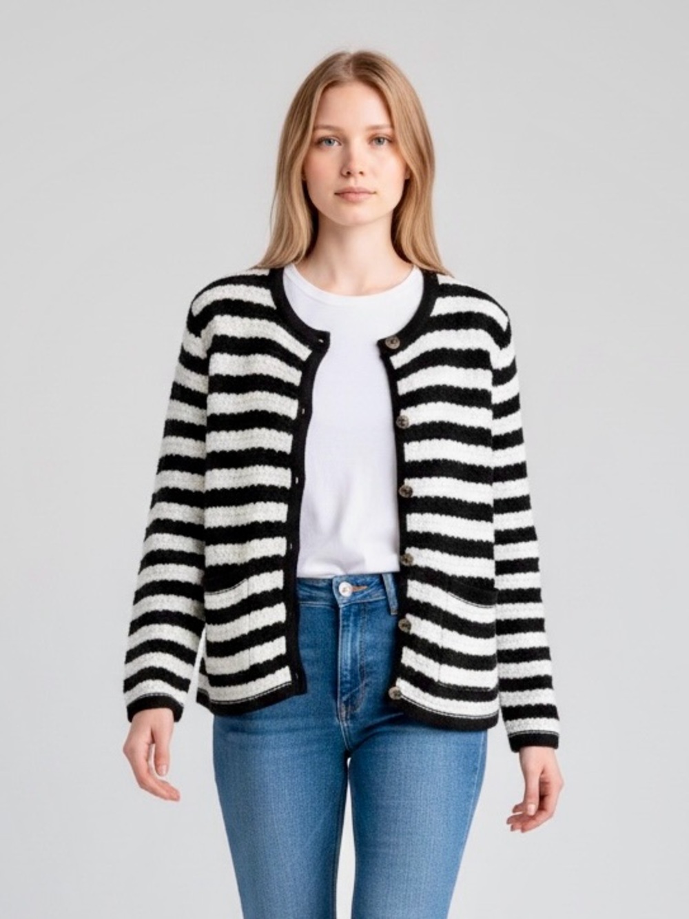 Koko + Mason Striped Black and White Crewneck Cardigan